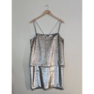 BANANA REPUBLIC Strappy Silver Sequin Mini Dress Size 12 Silk Overlay Party